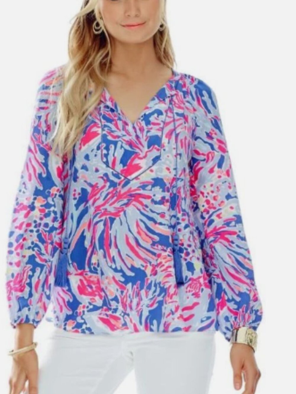 Lilly Pulitzer 100% Silk Saria Blouse in Iris Pink. XS Run big